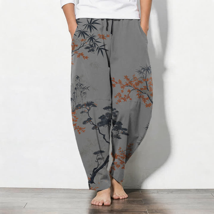 Buddha Stones Pantaloni da uomo affusolati con coulisse e tasche, in puro cotone, con motivo acero, bambù e pino. - Grigio - US/UK/AU50, EU60 (5XL) - image 7