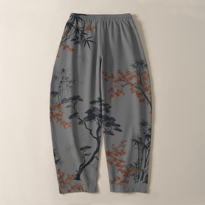 Buddha Stones Pantaloni da uomo affusolati con coulisse e tasche, in puro cotone, con motivo acero, bambù e pino. - image 10