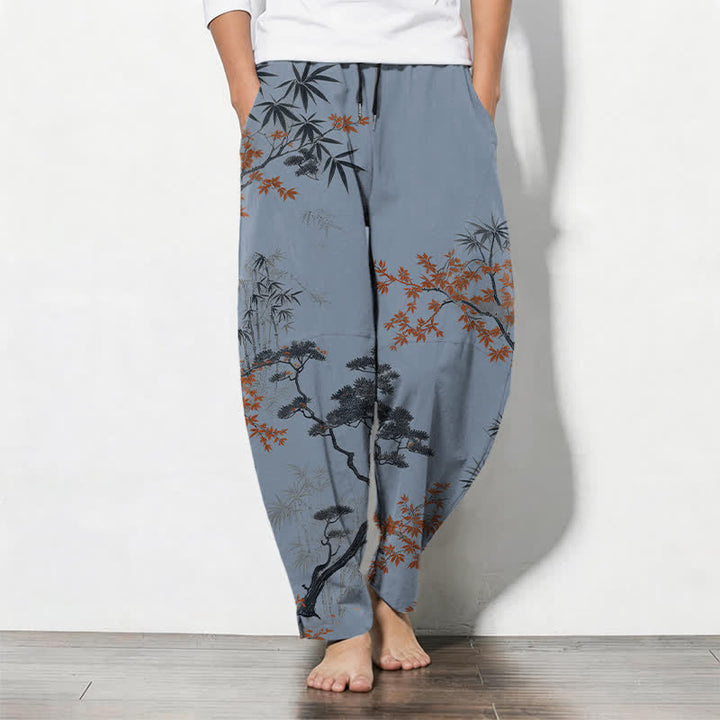 Buddha Stones Pantaloni da uomo affusolati con coulisse e tasche, in puro cotone, con motivo acero, bambù e pino. - Blu acciaio chiaro - US/UK/AU50, EU60 (5XL) - image 11