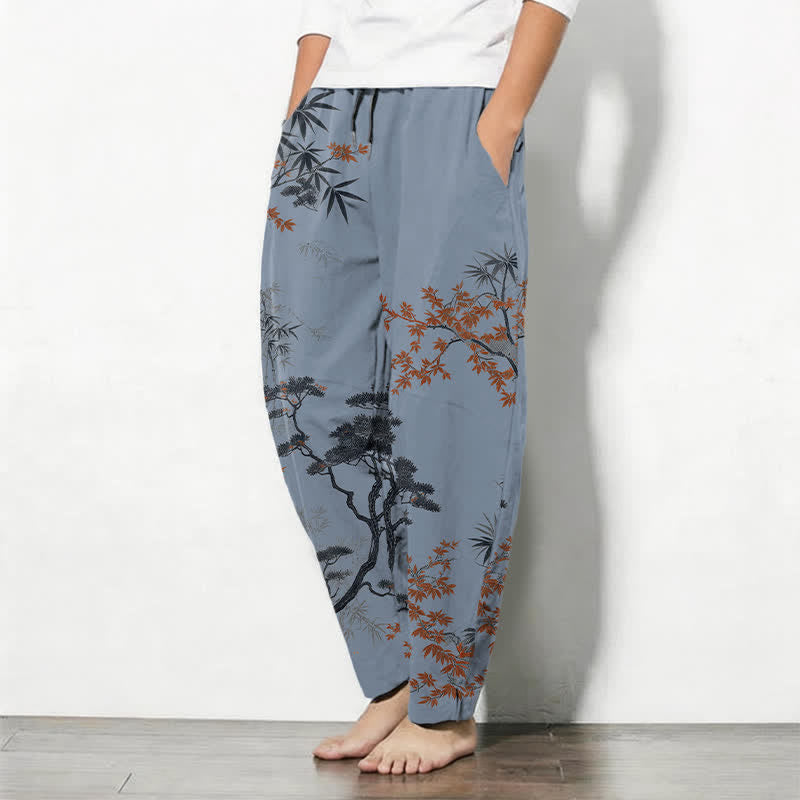 Buddha Stones Pantaloni da uomo affusolati con coulisse e tasche, in puro cotone, con motivo acero, bambù e pino. - image 12