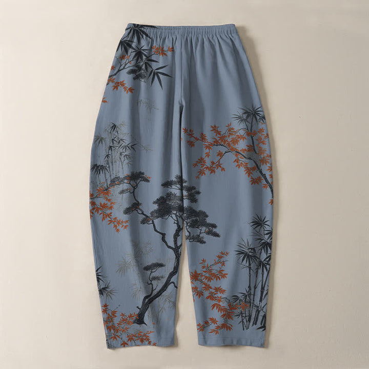 Buddha Stones Pantaloni da uomo affusolati con coulisse e tasche, in puro cotone, con motivo acero, bambù e pino. - image 14