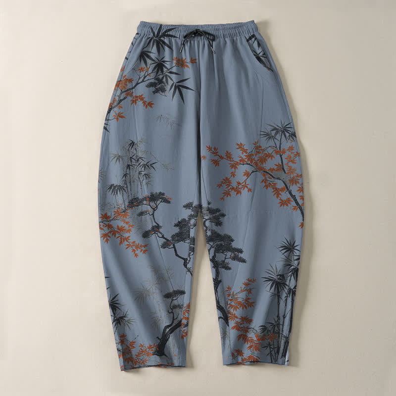 Buddha Stones Pantaloni da uomo affusolati con coulisse e tasche, in puro cotone, con motivo acero, bambù e pino. - image 13