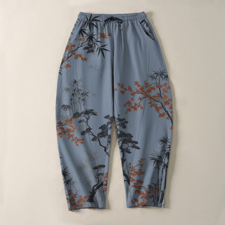 Buddha Stones Pantaloni da uomo affusolati con coulisse e tasche, in puro cotone, con motivo acero, bambù e pino. - image 13