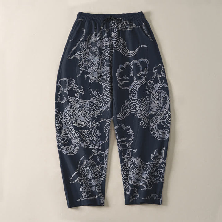 Buddha Stones Pantaloni da uomo affusolati in puro cotone con motivo drago e nuvole, con coulisse e tasche. - image 2