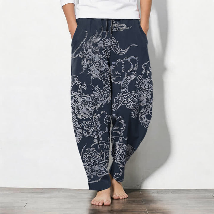 Buddha Stones Pantaloni da uomo affusolati in puro cotone con motivo drago e nuvole, con coulisse e tasche. - Marina - US/UK/AU50, EU60 (5XL) - image 0