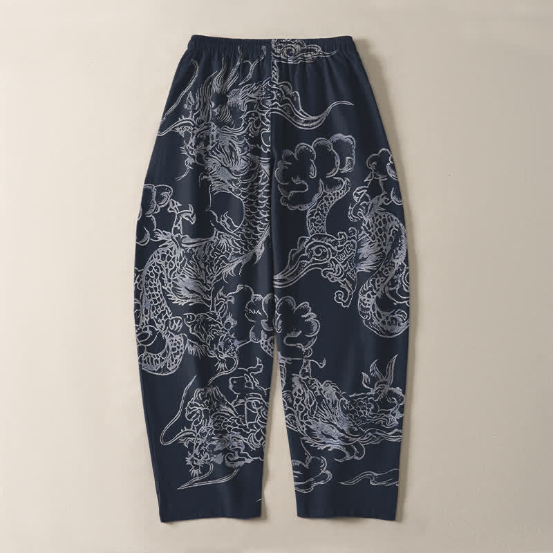 Buddha Stones Pantaloni da uomo affusolati in puro cotone con motivo drago e nuvole, con coulisse e tasche. - image 3