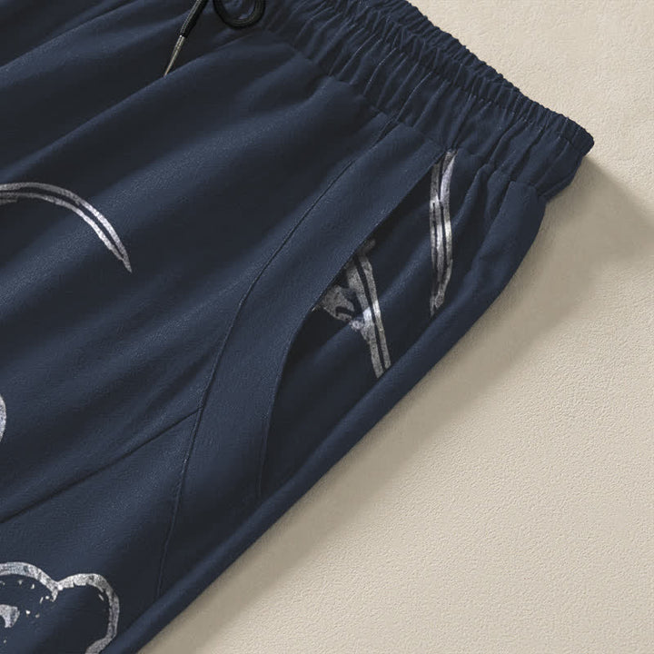 Buddha Stones Pantaloni da uomo affusolati in puro cotone con motivo drago e nuvole, con coulisse e tasche. - image 4