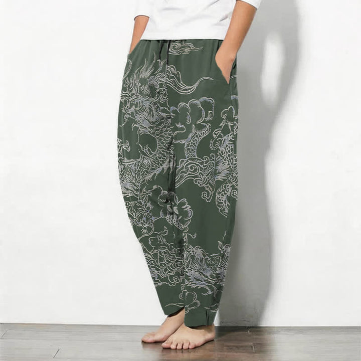 Buddha Stones Pantaloni da uomo affusolati in puro cotone con motivo drago e nuvole, con coulisse e tasche. - image 8