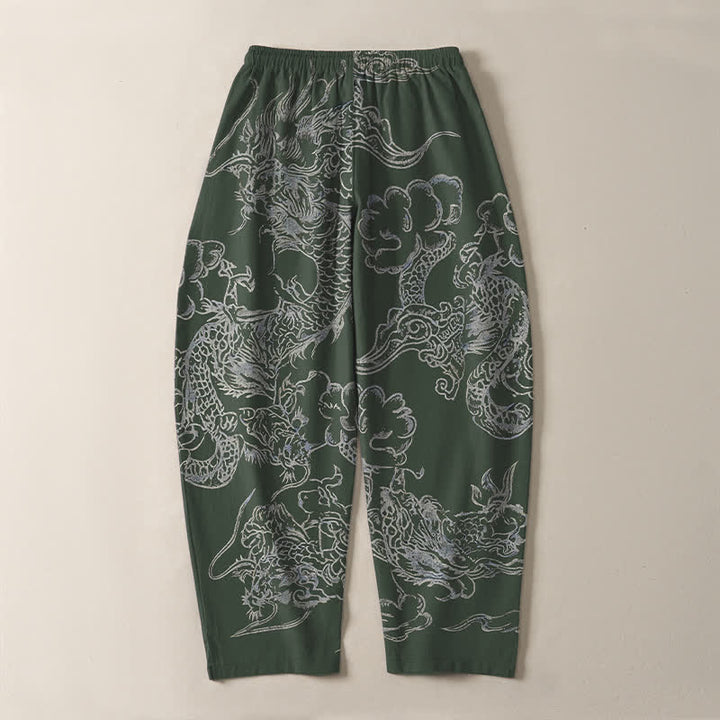 Buddha Stones Pantaloni da uomo affusolati in puro cotone con motivo drago e nuvole, con coulisse e tasche. - image 10