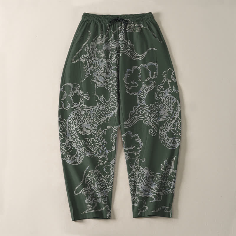 Buddha Stones Pantaloni da uomo affusolati in puro cotone con motivo drago e nuvole, con coulisse e tasche. - image 9