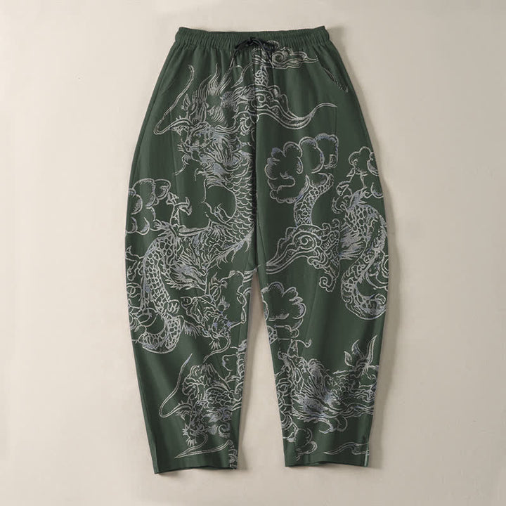 Buddha Stones Pantaloni da uomo affusolati in puro cotone con motivo drago e nuvole, con coulisse e tasche. - image 9