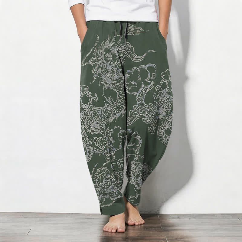 Buddha Stones Pantaloni da uomo affusolati in puro cotone con motivo drago e nuvole, con coulisse e tasche. - Verde oliva scuro - US/UK/AU50, EU60 (5XL) - image 7