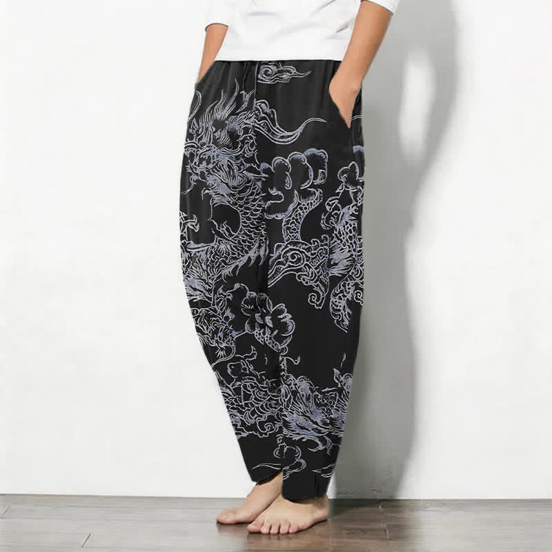 Buddha Stones Pantaloni da uomo affusolati in puro cotone con motivo drago e nuvole, con coulisse e tasche. - image 12