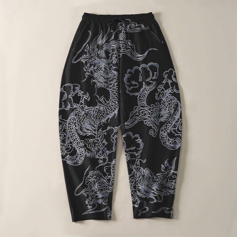 Buddha Stones Pantaloni da uomo affusolati in puro cotone con motivo drago e nuvole, con coulisse e tasche. - image 13
