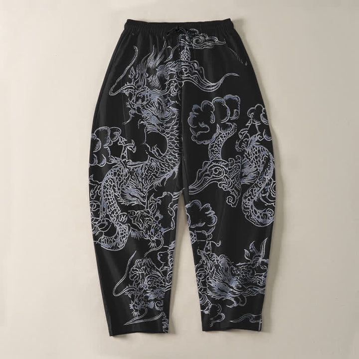 Buddha Stones Pantaloni da uomo affusolati in puro cotone con motivo drago e nuvole, con coulisse e tasche. - image 13