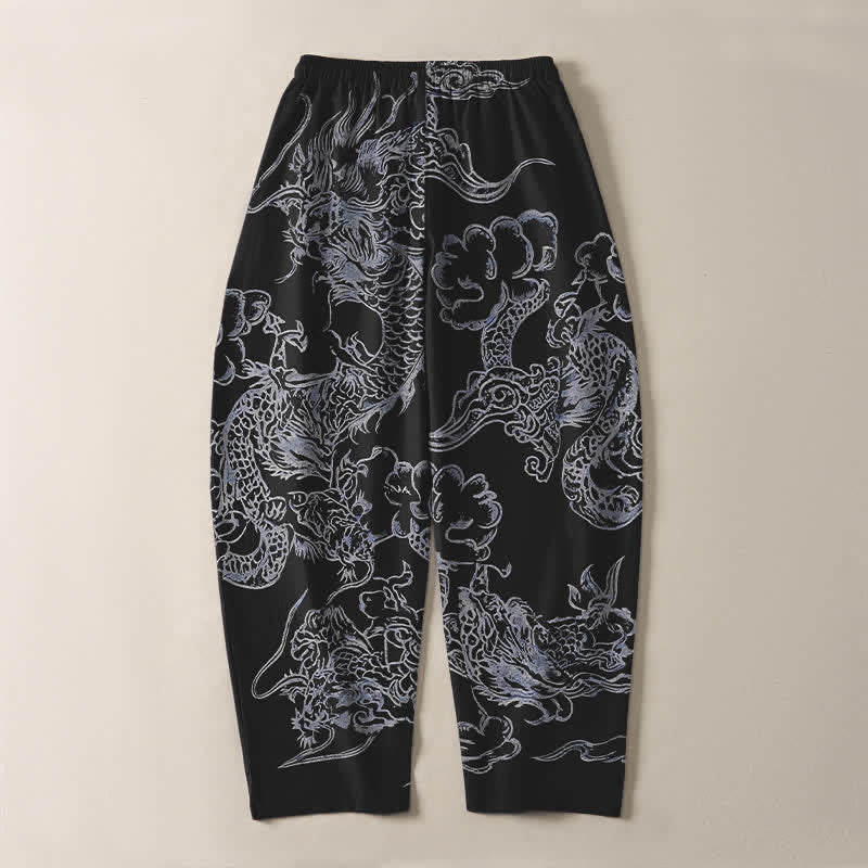 Buddha Stones Pantaloni da uomo affusolati in puro cotone con motivo drago e nuvole, con coulisse e tasche. - image 14