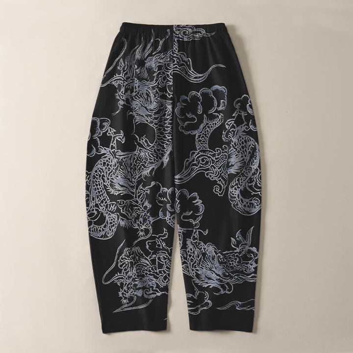 Buddha Stones Pantaloni da uomo affusolati in puro cotone con motivo drago e nuvole, con coulisse e tasche. - image 14