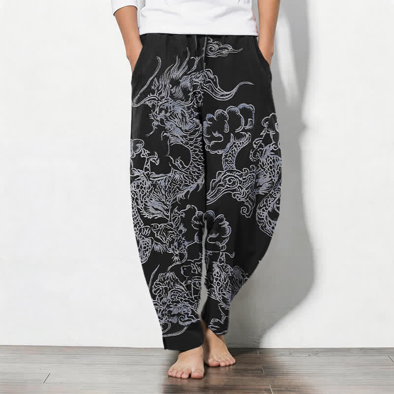 Buddha Stones Pantaloni da uomo affusolati in puro cotone con motivo drago e nuvole, con coulisse e tasche. - Nero - US/UK/AU50, EU60 (5XL) - image 11