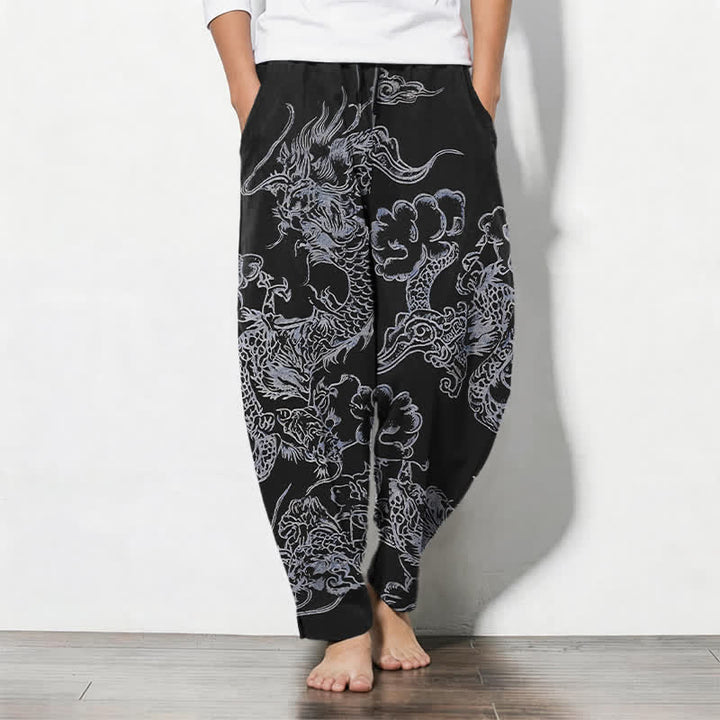 Buddha Stones Pantaloni da uomo affusolati in puro cotone con motivo drago e nuvole, con coulisse e tasche. - Nero - US/UK/AU50, EU60 (5XL) - image 11