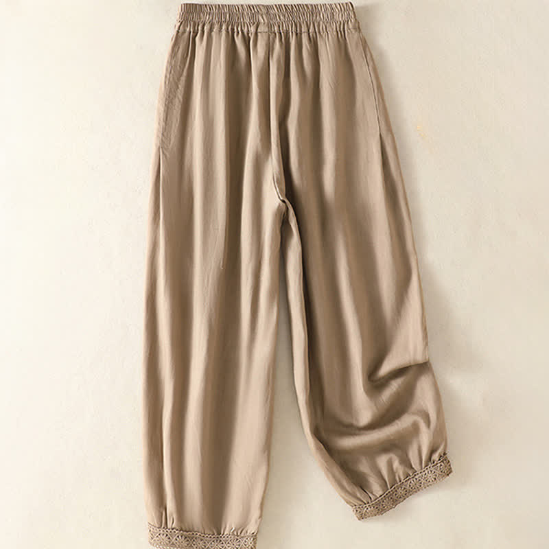 Buddha Stones Pantaloni capri estivi casual boho a tinta unita da donna, gamba dritta con tasche - image 1