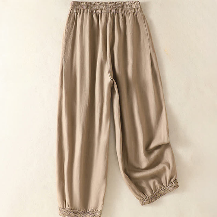 Buddha Stones Pantaloni capri estivi casual boho a tinta unita da donna, gamba dritta con tasche - image 1