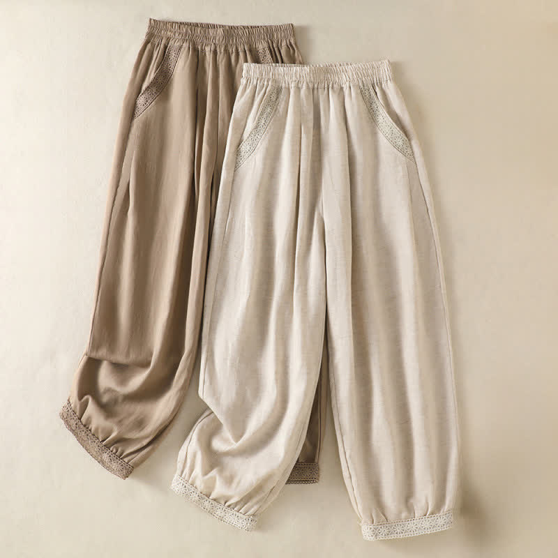 Buddha Stones Pantaloni capri estivi casual boho a tinta unita da donna, gamba dritta con tasche - image 14