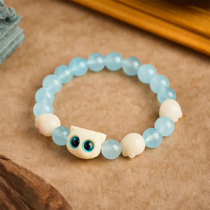 Buddha Stones Braccialetto con perline di purezza a forma di gatto intagliato a mano in calcedonio blu - image 1