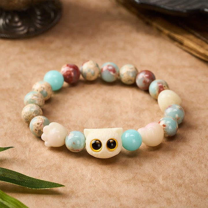 Buddha Stones Braccialetto con perline in pietra Shoushan intagliate a mano con motivo a gatto e simbolo di purezza. - Gatto dagli occhi gialli (circonferenza del polso: 16–17 cm) - Pietra Shoushan (Armonia Positiva ♥) - image 11