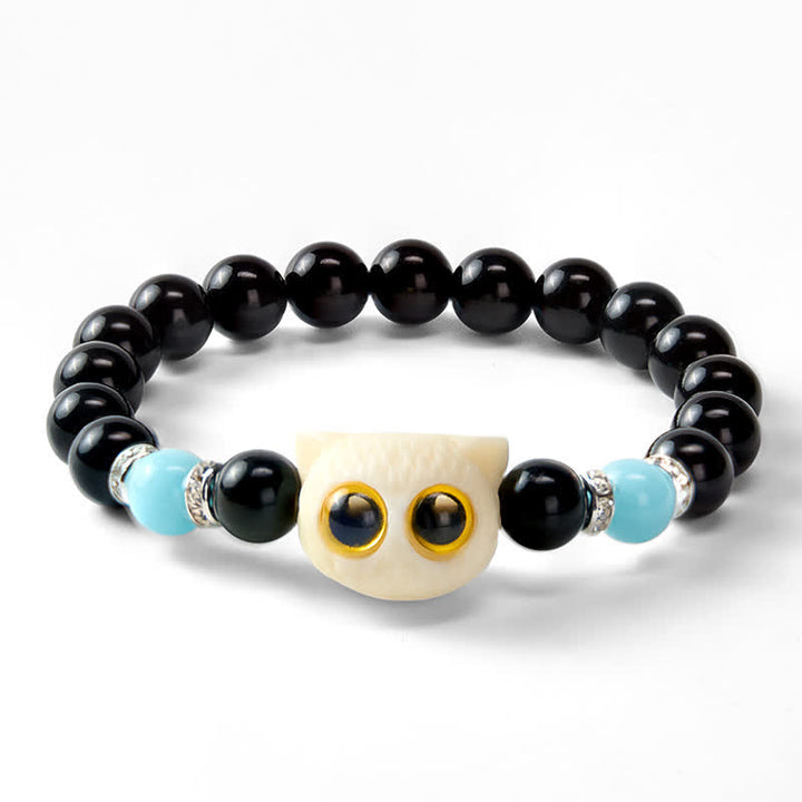 Buddha Stones Bracciale con perline in ossidiana nera intagliate a mano con rilievo di gatto dagli occhi grandi. - image 23
