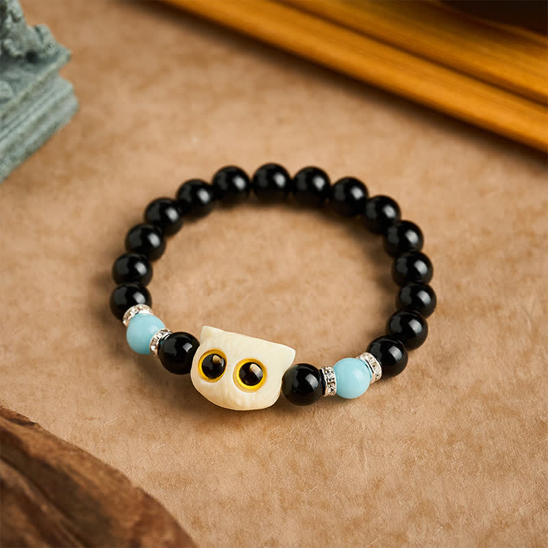 Buddha Stones Bracciale con perline in ossidiana nera intagliate a mano con rilievo di gatto dagli occhi grandi. - image 19