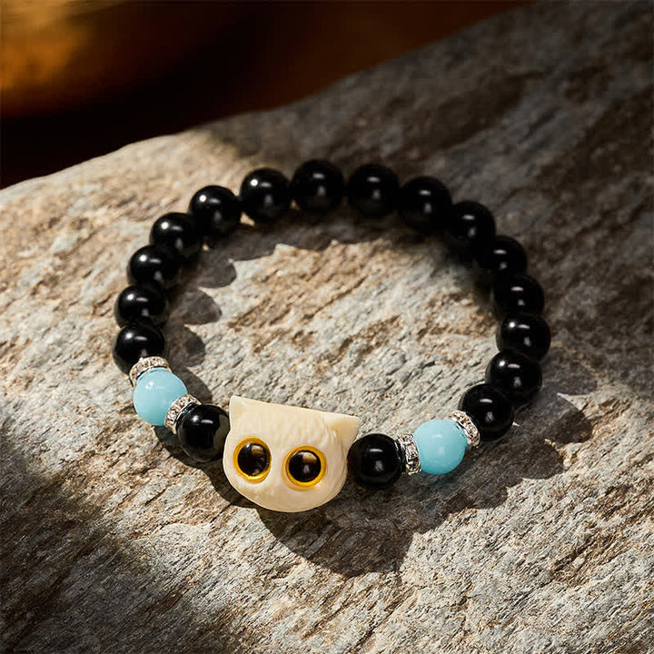 Buddha Stones Bracciale con perline in ossidiana nera intagliate a mano con rilievo di gatto dagli occhi grandi. - image 16