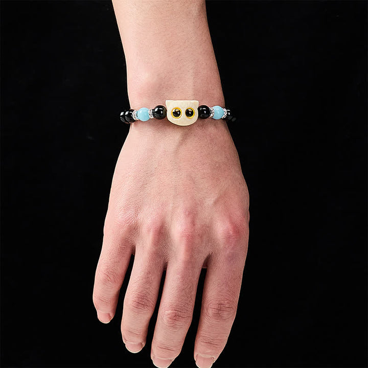 Buddha Stones Bracciale con perline in ossidiana nera intagliate a mano con rilievo di gatto dagli occhi grandi. - image 18