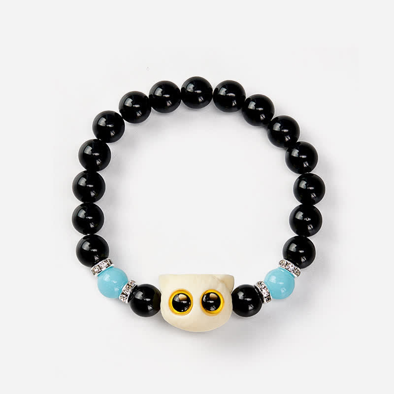 Buddha Stones Bracciale con perline in ossidiana nera intagliate a mano con rilievo di gatto dagli occhi grandi. - image 22