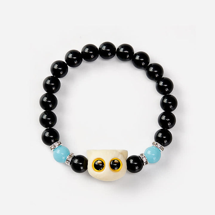 Buddha Stones Bracciale con perline in ossidiana nera intagliate a mano con rilievo di gatto dagli occhi grandi. - image 22