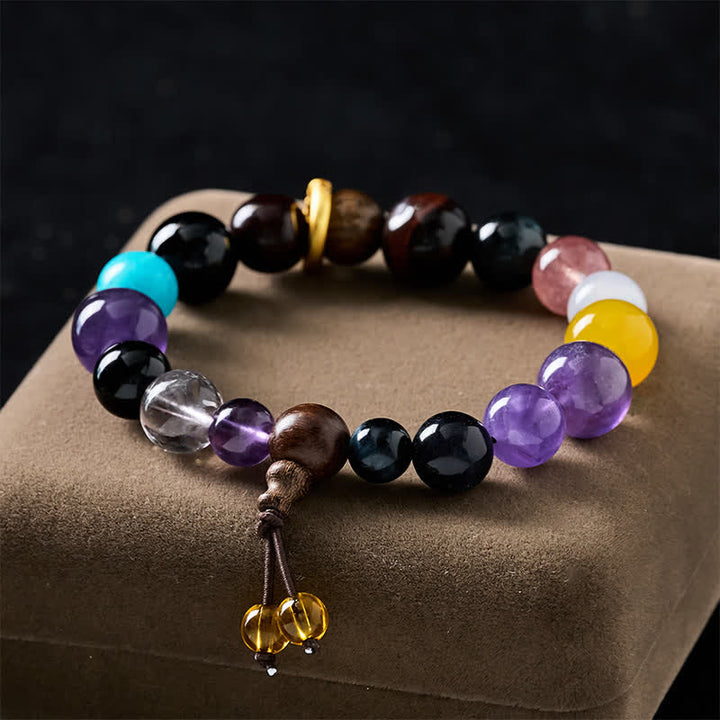 Buddha Stones Bracciale tibetano con equilibrio, 18 perle di ametista e occhio di tigre. - Ametista (Antistress ♥ Intuizione) - image 0