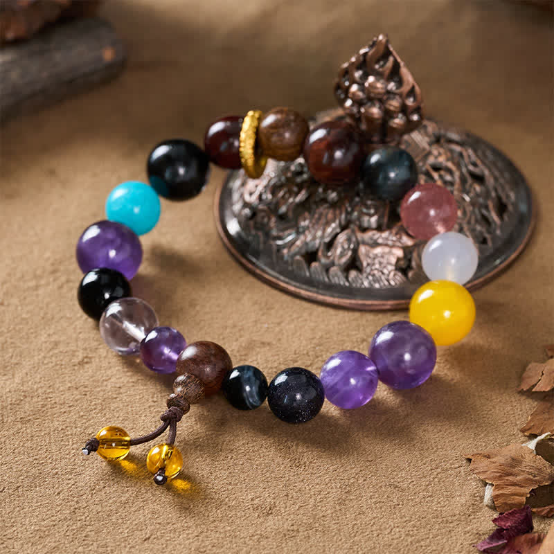 Buddha Stones Bracciale tibetano con equilibrio, 18 perle di ametista e occhio di tigre. - image 3