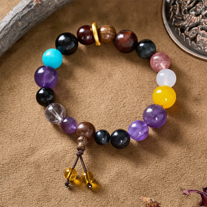 Buddha Stones Bracciale tibetano con equilibrio, 18 perle di ametista e occhio di tigre. - image 2
