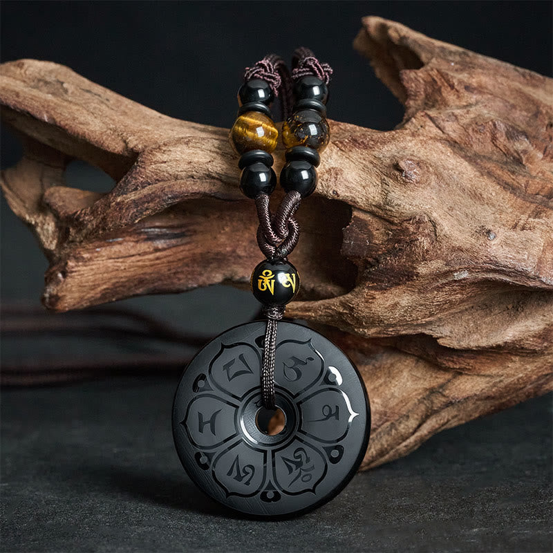 Buddha Stones Collana intrecciata con fibbia della pace in ossidiana nera e incisione protettiva. - Om Mani Padme Hum (Amore ♥ Saggezza) - image 0