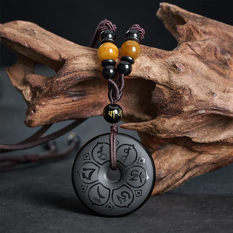 Buddha Stones Collana intrecciata con fibbia della pace in ossidiana nera e incisione protettiva. - Manjushri (Saggezza ♥ Intuizione) - image 13