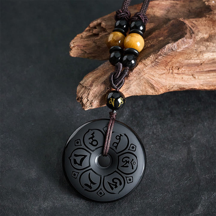 Buddha Stones Collana intrecciata con fibbia della pace in ossidiana nera e incisione protettiva. - image 14