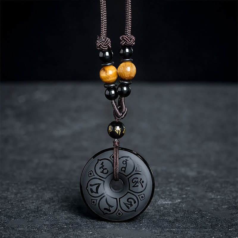 Buddha Stones Collana intrecciata con fibbia della pace in ossidiana nera e incisione protettiva. - image 15