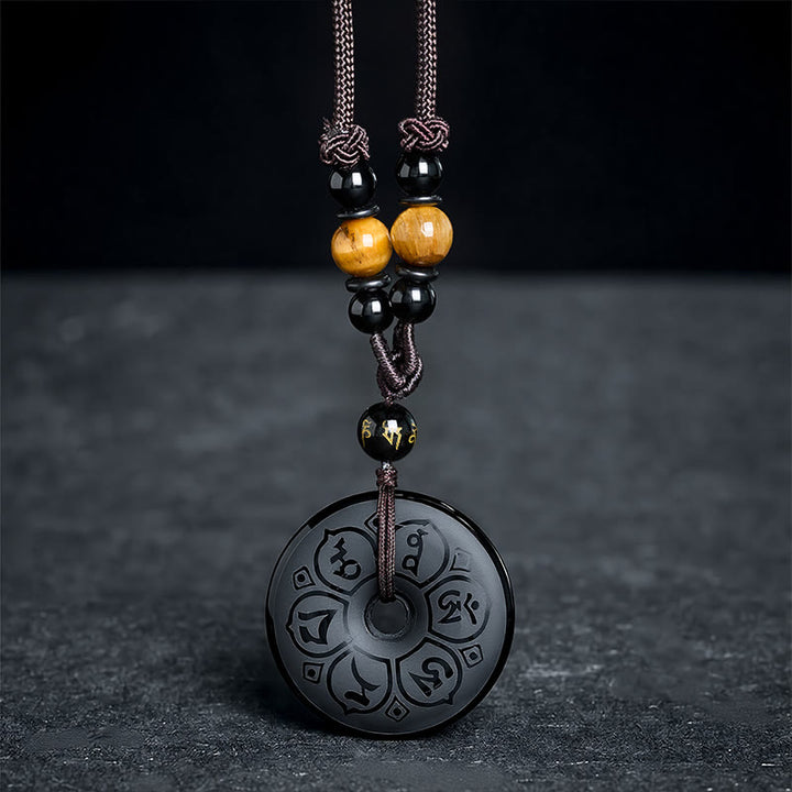 Buddha Stones Collana intrecciata con fibbia della pace in ossidiana nera e incisione protettiva. - image 15