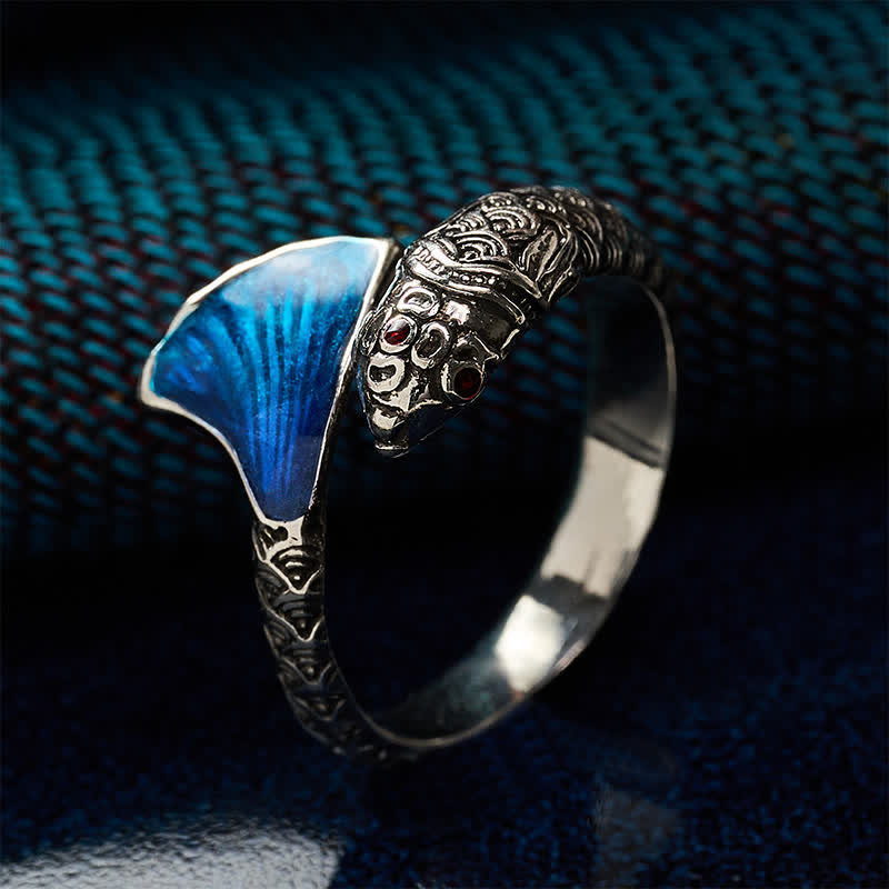 Buddha Stones Anello regolabile vintage con pesce koi in smalto blu. - image 2