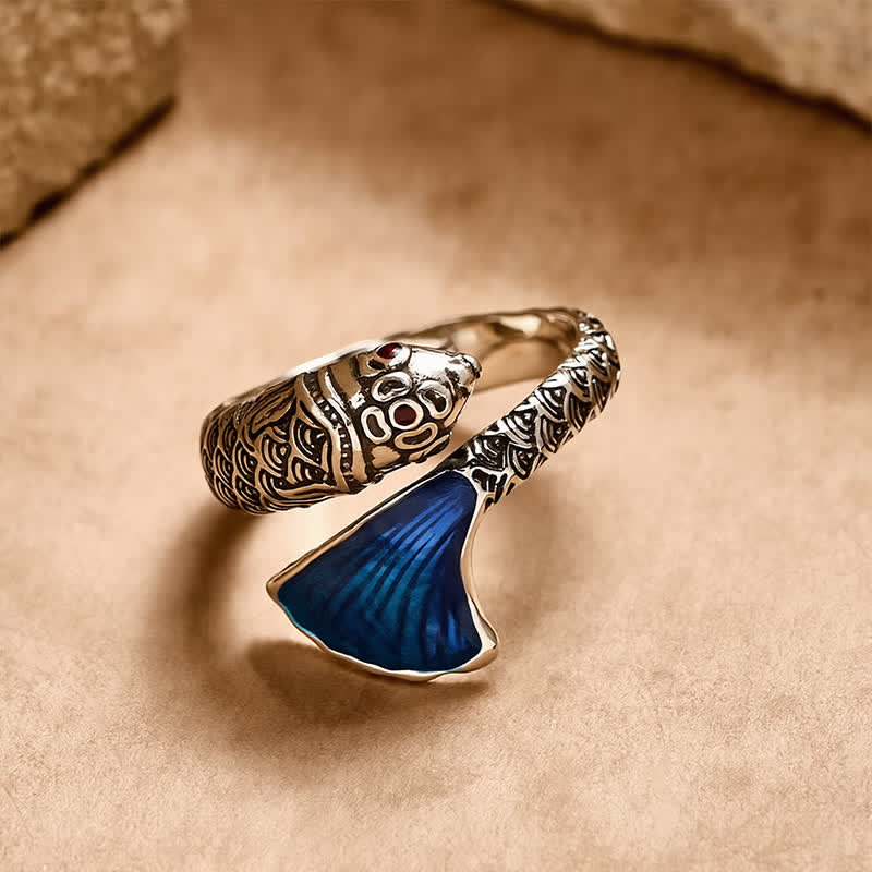 Buddha Stones Anello regolabile vintage con pesce koi in smalto blu. - image 1