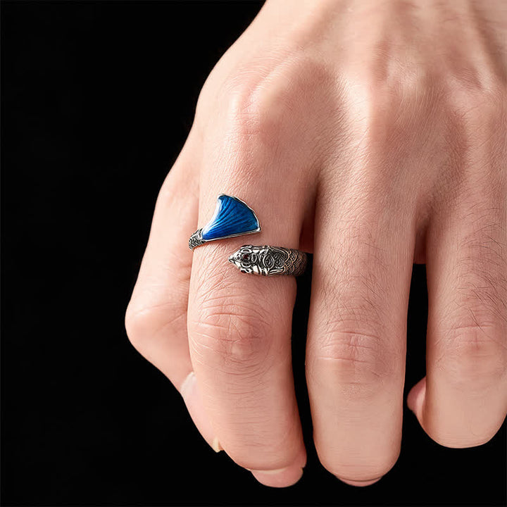 Buddha Stones Anello regolabile vintage con pesce koi in smalto blu. - image 4