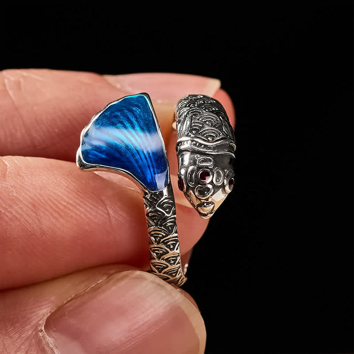 Buddha Stones Anello regolabile vintage con pesce koi in smalto blu. - image 3