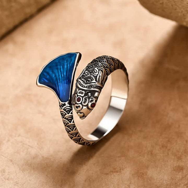 Buddha Stones Anello regolabile vintage con pesce koi in smalto blu. - Rame - Circa 18,4 mm / US 8 (regolabile) - image 0