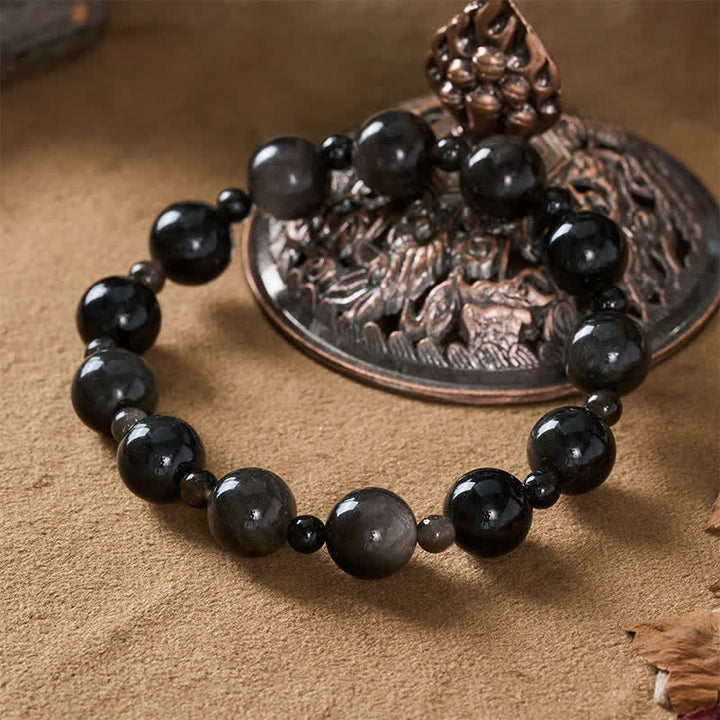 Buddha Stones Bracciale protettivo con perline rotonde a singolo e doppio strato in ossidiana nera - image 4