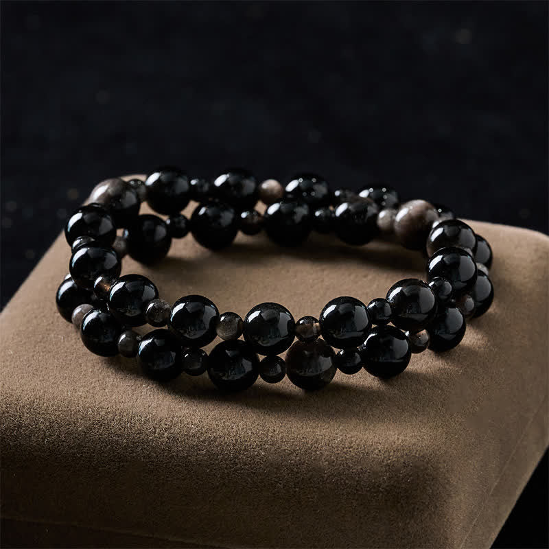 Buddha Stones Bracciale protettivo con perline rotonde a singolo e doppio strato in ossidiana nera - image 10