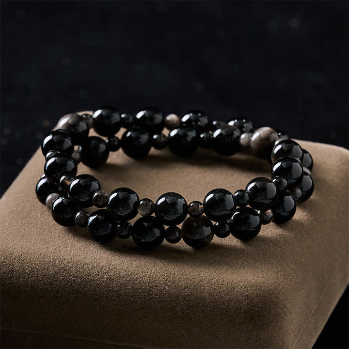 Buddha Stones Bracciale protettivo con perline rotonde a singolo e doppio strato in ossidiana nera - image 10